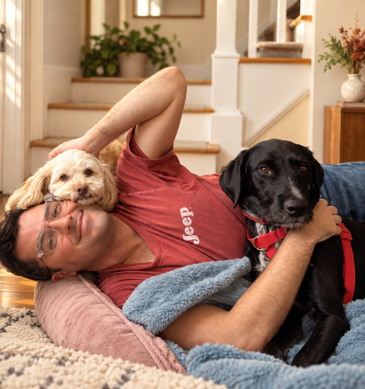 Jake relaxing at home with his two dogs